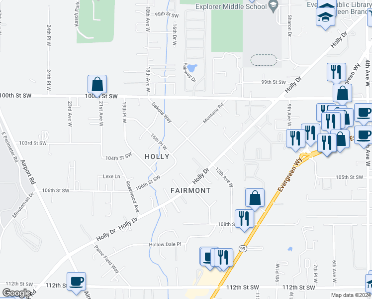 map of restaurants, bars, coffee shops, grocery stores, and more near 10232 Dakota Way in Everett