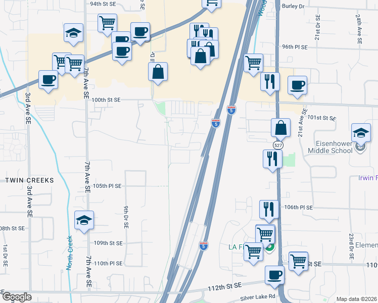 map of restaurants, bars, coffee shops, grocery stores, and more near 1304 Bruskrud Road in Everett