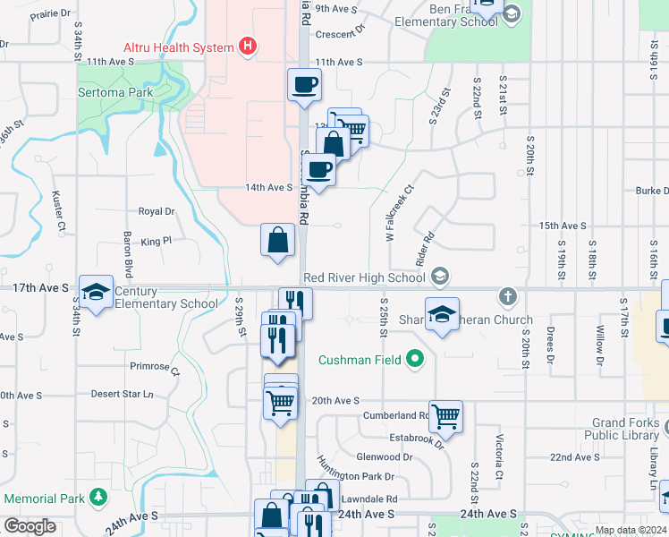 map of restaurants, bars, coffee shops, grocery stores, and more near 2526 17th Avenue South in Grand Forks
