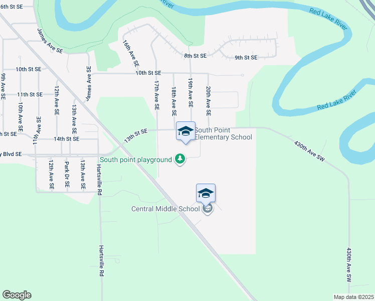 map of restaurants, bars, coffee shops, grocery stores, and more near 1900 13th Street Southeast in East Grand Forks