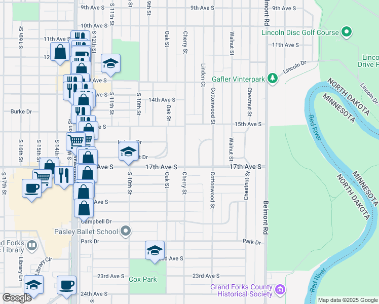 map of restaurants, bars, coffee shops, grocery stores, and more near 1523 Cherry Street in Grand Forks