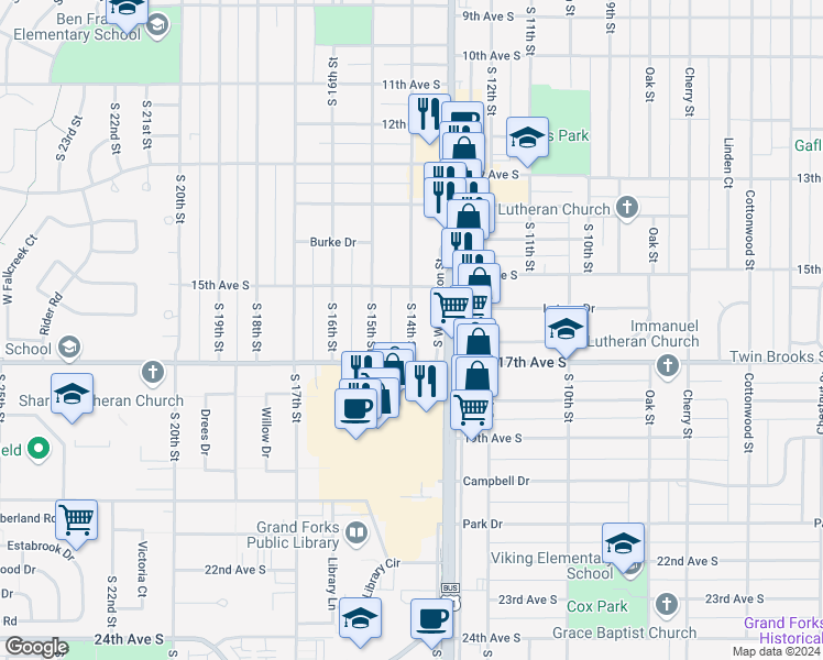 map of restaurants, bars, coffee shops, grocery stores, and more near 1602 South 14th Street in Grand Forks