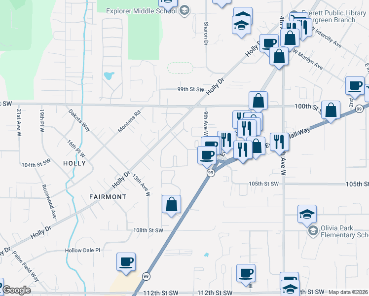 map of restaurants, bars, coffee shops, grocery stores, and more near 10124 9th Avenue West in Everett