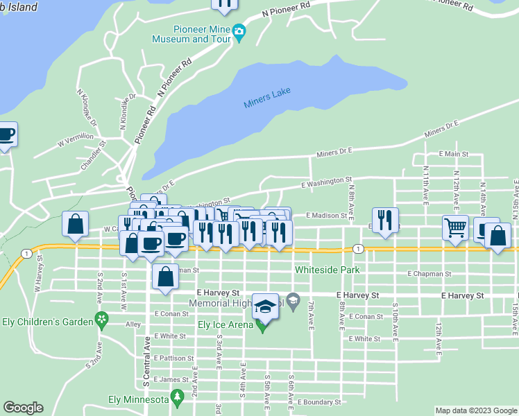 map of restaurants, bars, coffee shops, grocery stores, and more near 413 East Washington Street in Ely