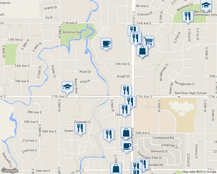 map of restaurants, bars, coffee shops, grocery stores, and more near Fitness Trail in Grand Forks