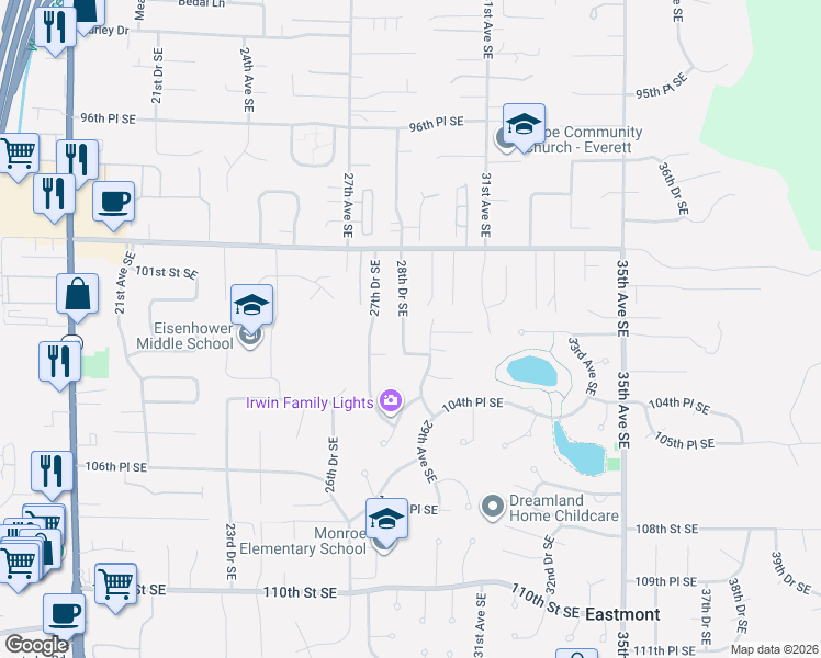 map of restaurants, bars, coffee shops, grocery stores, and more near 10209 28th Drive Southeast in Everett