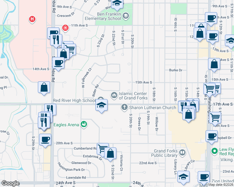 map of restaurants, bars, coffee shops, grocery stores, and more near 2234 Springbrook Court in Grand Forks