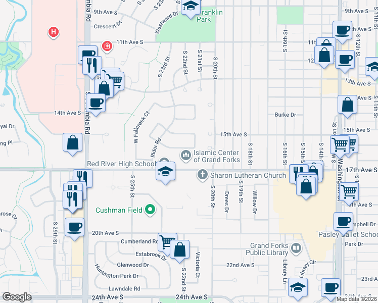 map of restaurants, bars, coffee shops, grocery stores, and more near 2234 Springbrook Court in Grand Forks