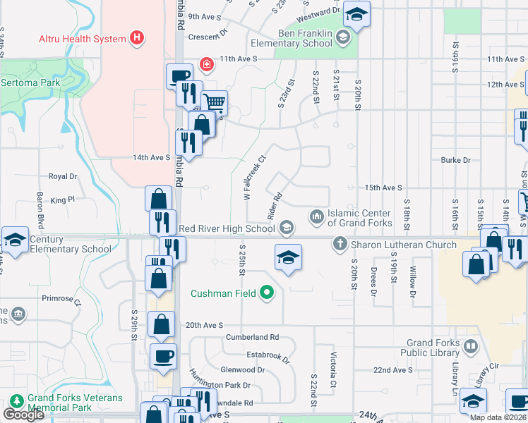map of restaurants, bars, coffee shops, grocery stores, and more near 2513 W Fallcreek Ct in Grand Forks