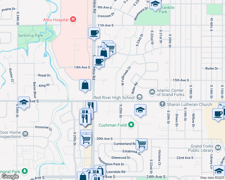 map of restaurants, bars, coffee shops, grocery stores, and more near 2511 Knight Drive in Grand Forks