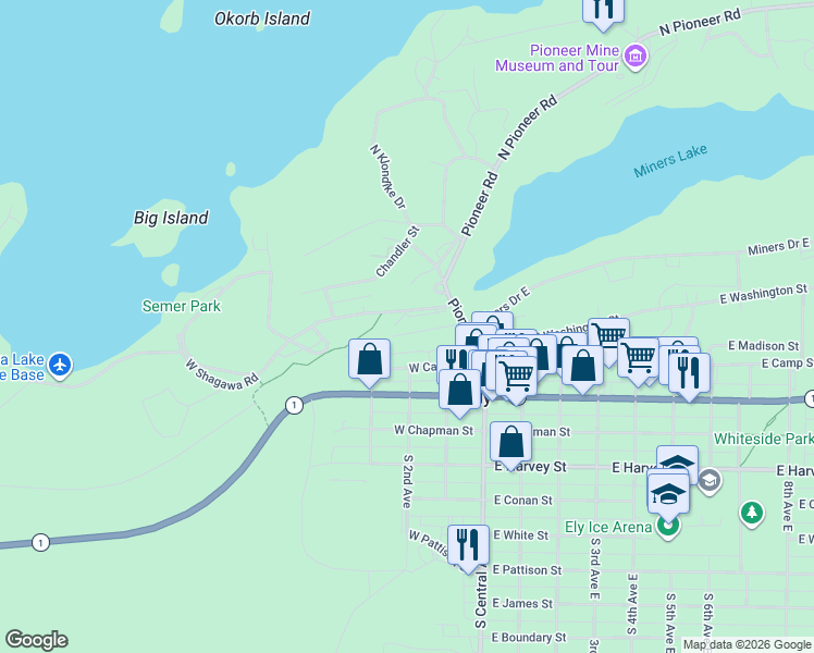 map of restaurants, bars, coffee shops, grocery stores, and more near 366 West Shagawa Road in Ely