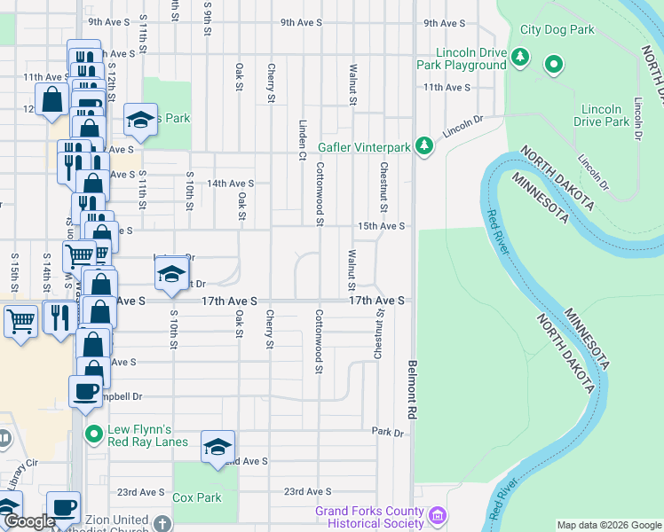 map of restaurants, bars, coffee shops, grocery stores, and more near 1506 Robertson Court in Grand Forks