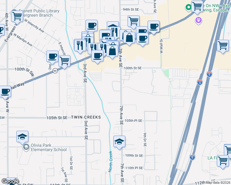 map of restaurants, bars, coffee shops, grocery stores, and more near 616 102nd Place Southeast in Everett