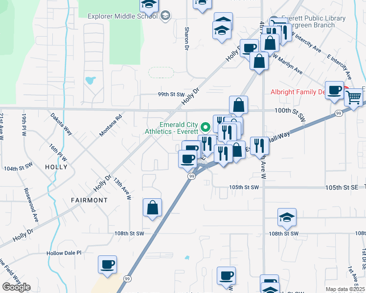 map of restaurants, bars, coffee shops, grocery stores, and more near 10115 Holly Drive in Everett