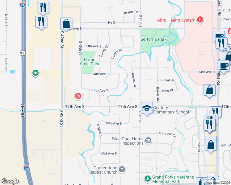 map of restaurants, bars, coffee shops, grocery stores, and more near 3649 15th Ave S in Grand Forks