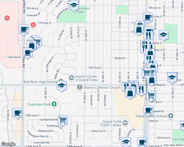 map of restaurants, bars, coffee shops, grocery stores, and more near 1510 South 19th Street in Grand Forks