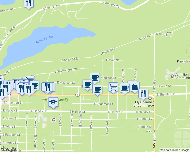 map of restaurants, bars, coffee shops, grocery stores, and more near 1019 E Madison St in Ely