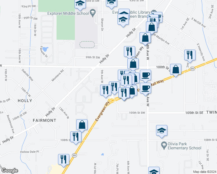 map of restaurants, bars, coffee shops, grocery stores, and more near 10210 Evergreen Way in Everett