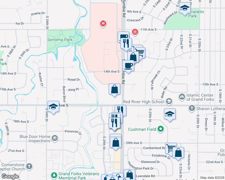 map of restaurants, bars, coffee shops, grocery stores, and more near 2801 Knight Drive in Grand Forks