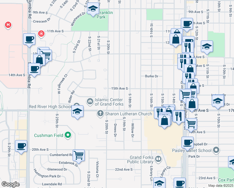 map of restaurants, bars, coffee shops, grocery stores, and more near 1510 South 19th Street in Grand Forks