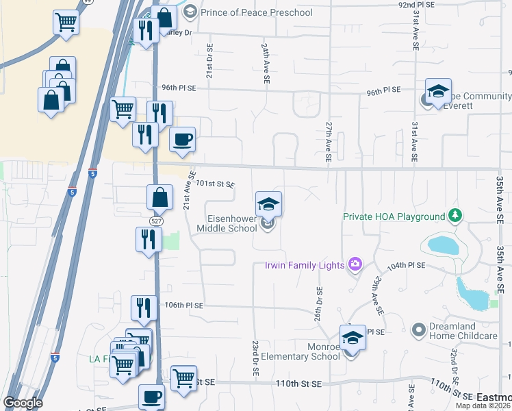 map of restaurants, bars, coffee shops, grocery stores, and more near 1025 23rd Drive Southeast in Everett