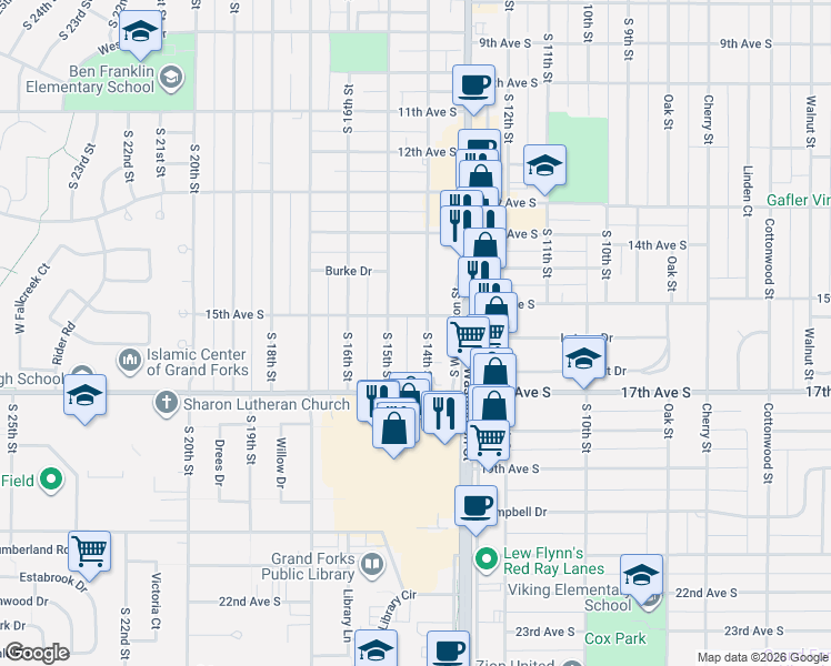map of restaurants, bars, coffee shops, grocery stores, and more near 1508 South 14th Street in Grand Forks