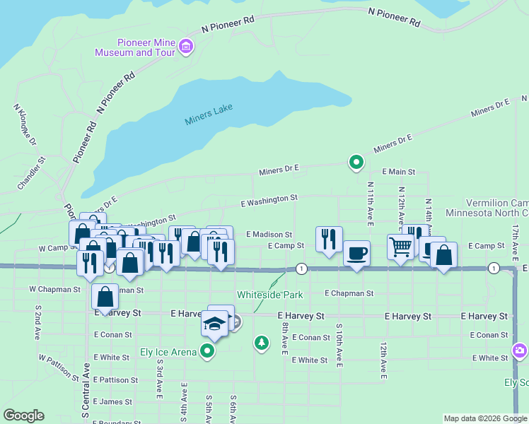 map of restaurants, bars, coffee shops, grocery stores, and more near 616 East Washington Street in Ely