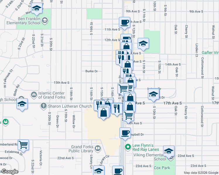 map of restaurants, bars, coffee shops, grocery stores, and more near 1508 South 14th Street in Grand Forks