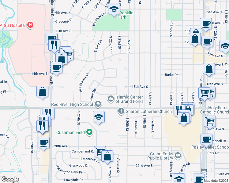 map of restaurants, bars, coffee shops, grocery stores, and more near 2234 Springbrook Court in Grand Forks