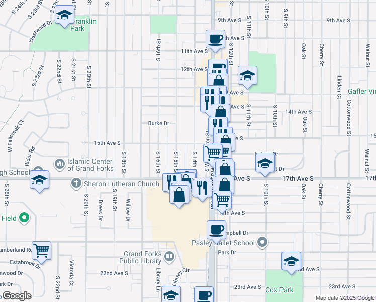map of restaurants, bars, coffee shops, grocery stores, and more near 1508 South 14th Street in Grand Forks