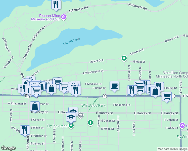 map of restaurants, bars, coffee shops, grocery stores, and more near 616 East Washington Street in Ely