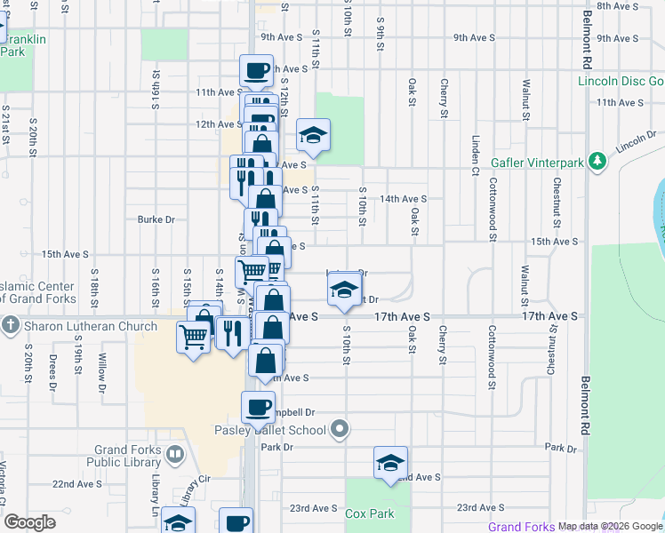map of restaurants, bars, coffee shops, grocery stores, and more near 1012 Letnes Drive in Grand Forks