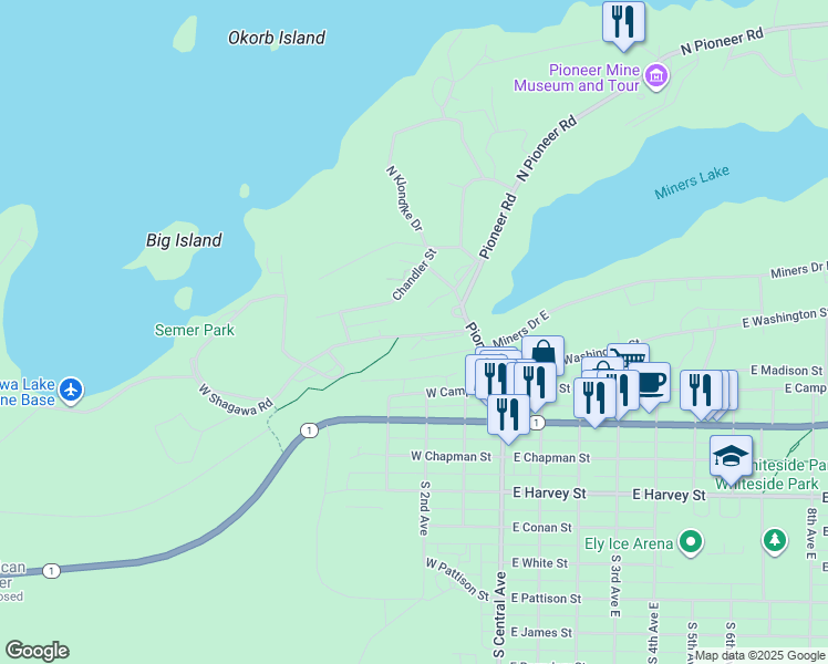 map of restaurants, bars, coffee shops, grocery stores, and more near 366 West Shagawa Road in Ely