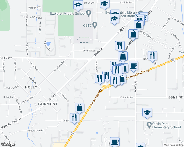 map of restaurants, bars, coffee shops, grocery stores, and more near 10122 9th Avenue West in Everett
