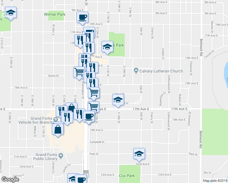 map of restaurants, bars, coffee shops, grocery stores, and more near 1012 Letnes Drive in Grand Forks