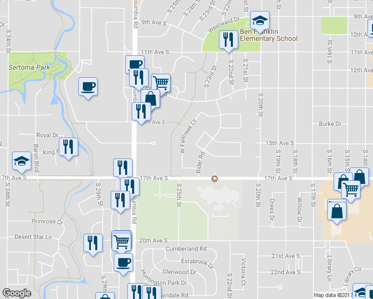 map of restaurants, bars, coffee shops, grocery stores, and more near 2513 West Fallcreek Court in Grand Forks