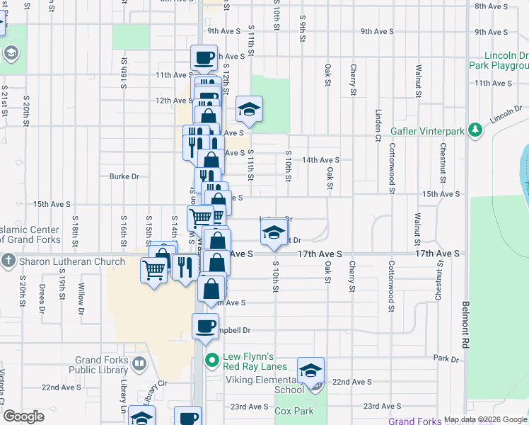 map of restaurants, bars, coffee shops, grocery stores, and more near 1012 Letnes Drive in Grand Forks
