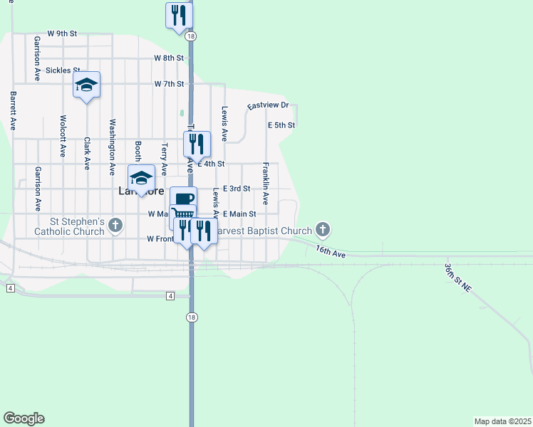 map of restaurants, bars, coffee shops, grocery stores, and more near 400 East Main Street in Larimore