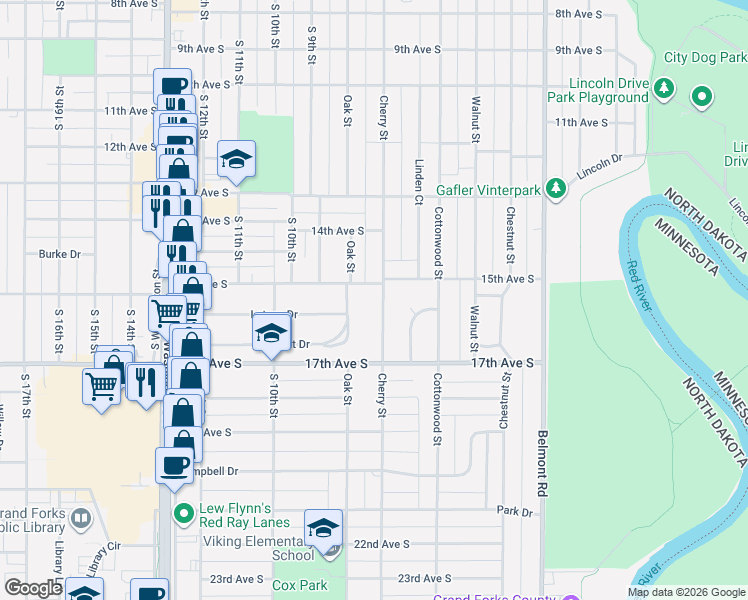 map of restaurants, bars, coffee shops, grocery stores, and more near 1508 Cherry Street in Grand Forks