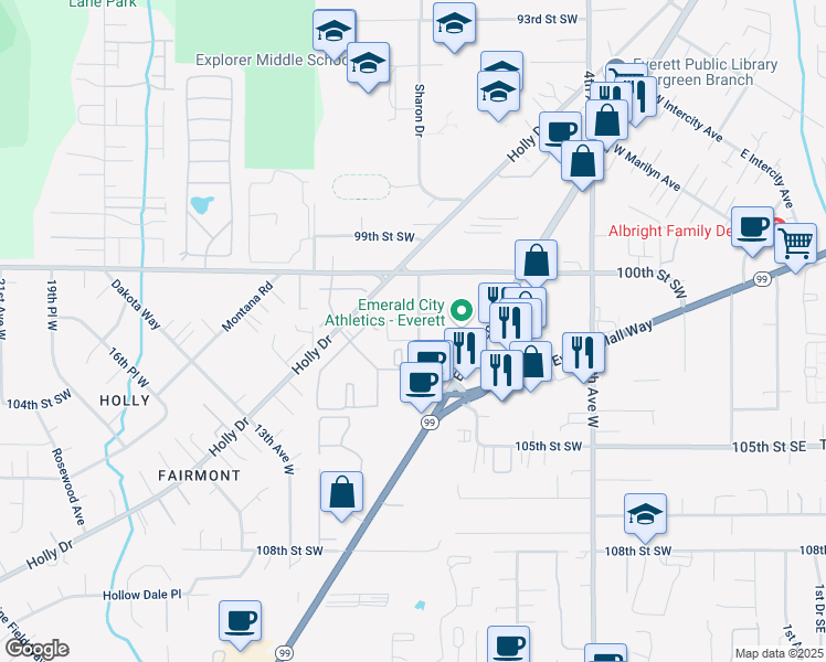 map of restaurants, bars, coffee shops, grocery stores, and more near 10210 Evergreen Way in Everett
