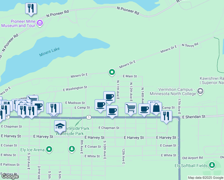 map of restaurants, bars, coffee shops, grocery stores, and more near 1019 East Madison Street in Ely