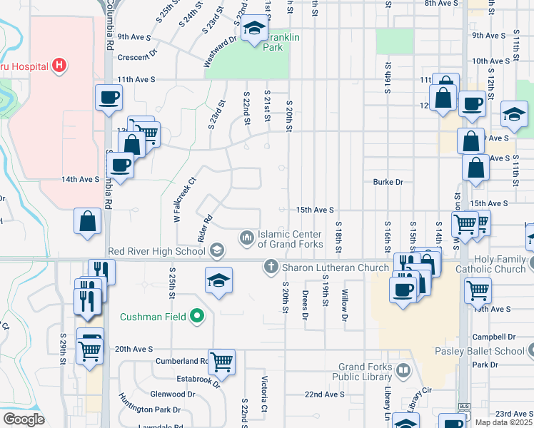 map of restaurants, bars, coffee shops, grocery stores, and more near 2234 Springbrook Court in Grand Forks