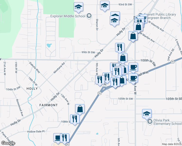 map of restaurants, bars, coffee shops, grocery stores, and more near 10122 9th Avenue West in Everett