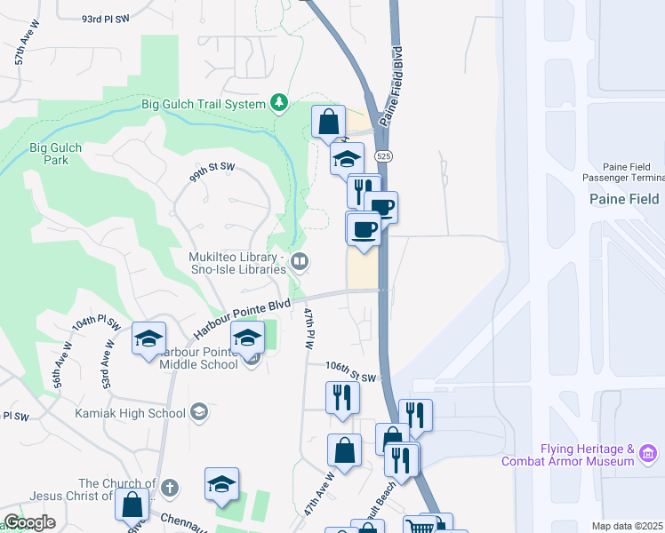 map of restaurants, bars, coffee shops, grocery stores, and more near 10200 Harbour Place in Mukilteo