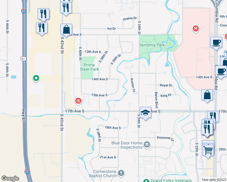 map of restaurants, bars, coffee shops, grocery stores, and more near 3530 15th Avenue South in Grand Forks