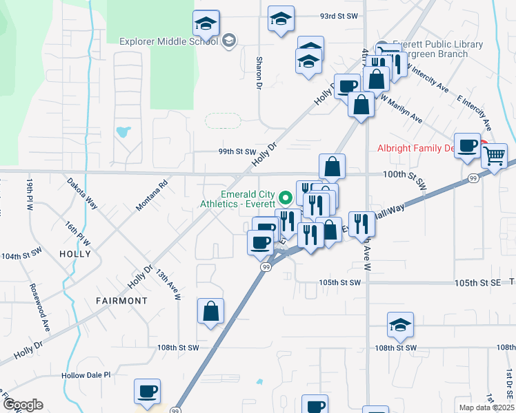 map of restaurants, bars, coffee shops, grocery stores, and more near 10210 Evergreen Way in Everett