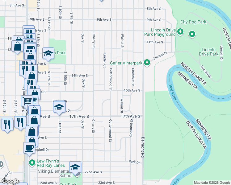 map of restaurants, bars, coffee shops, grocery stores, and more near 1512 Walnut St in Grand Forks