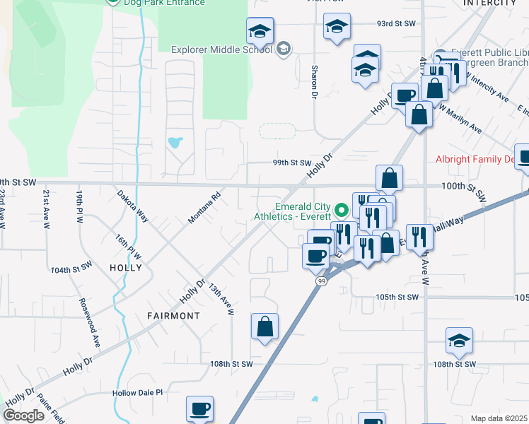map of restaurants, bars, coffee shops, grocery stores, and more near 10030 Holly Drive in Everett