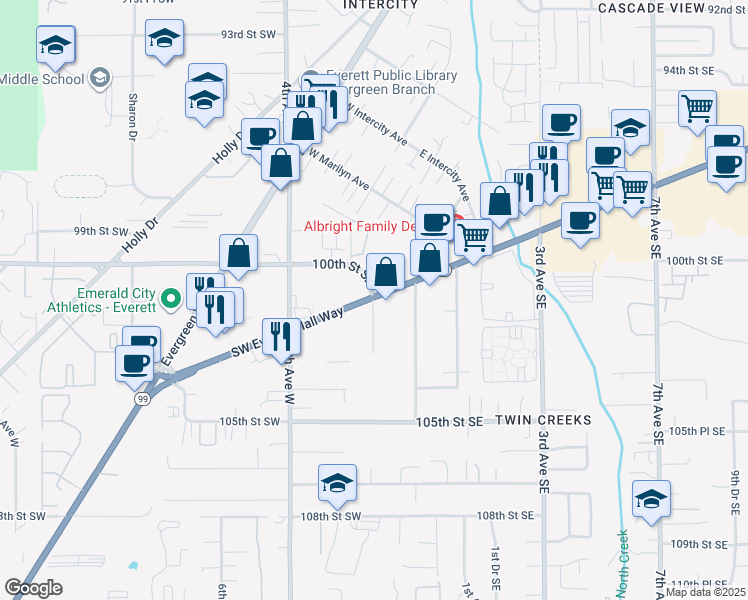 map of restaurants, bars, coffee shops, grocery stores, and more near 31 Highway 99 in Everett