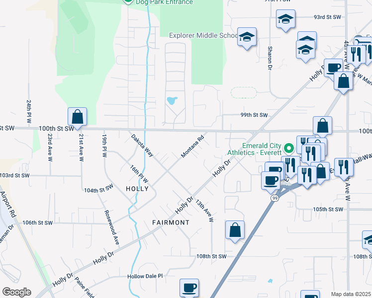 map of restaurants, bars, coffee shops, grocery stores, and more near 1412 100th Street Southwest in Everett